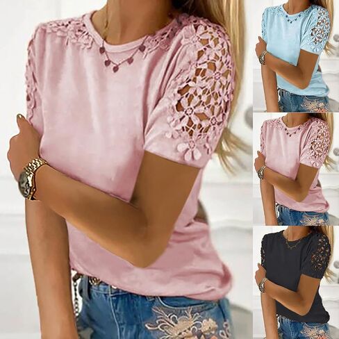 Summer Cold Shoulder Tops for Women Casual Lace Crochet Short Sleeve T Shirts Loose Fit Round Neck Solid Blouse in Kuwait