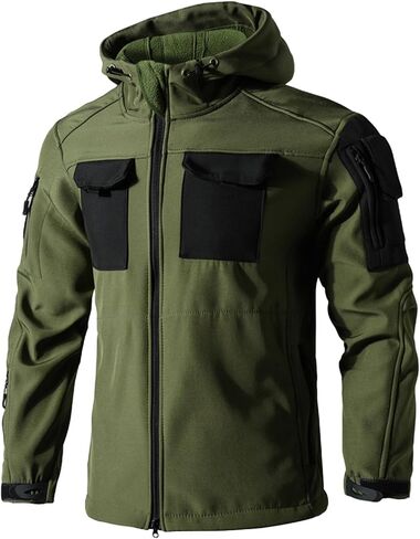 Men's Windproof Water Resistant Jacket Fleece Lined Camo Splice Tactical Hooded Multi Pocket Coat For Hiking in Kuwait