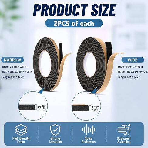 2 Rolls Expanding Foam Tape, Car Speaker Sealing Tape, Foams Grip Tapes, Soundproofing Waterproofing Gasket Tapes 10mm x 10m & 6mm x 10m Foam Single Sided (Black, 2mm Thick) in Kuwait