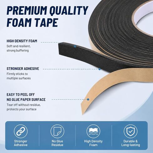 2 Rolls Expanding Foam Tape, Car Speaker Sealing Tape, Foams Grip Tapes, Soundproofing Waterproofing Gasket Tapes 10mm x 10m & 6mm x 10m Foam Single Sided (Black, 2mm Thick) in Kuwait