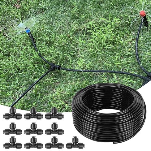 50FT 1/4 Inch Drip Irrigation Tubing with 5 Pack Push-to-Connect 1/4" Tee Connectors, Distribution Drip Line Hose & Universal Tee Fitting, for Drip Irrigation Parts or Drip System and Misting System in Kuwait