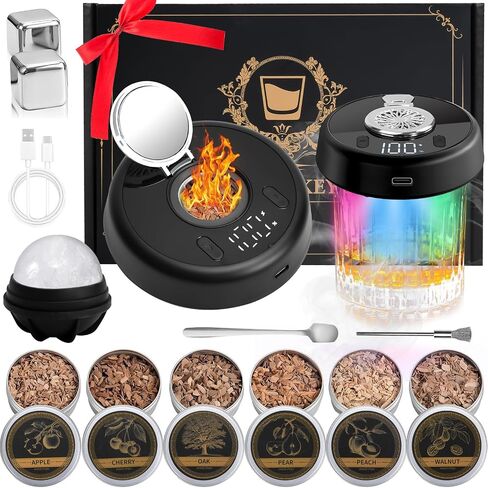 Electric Whiskey Smoker Kit with 7-Color Lights, 6 Flavors Wood Chips Cocktail Shaker with Sphere Ice Mold & Stainless Steel Ice Cubes, Old Fashioned Smoker for Father's Day, Gifts for Him in Kuwait
