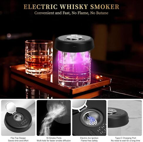 Electric Whiskey Smoker Kit with 7-Color Lights, 6 Flavors Wood Chips Cocktail Shaker with Sphere Ice Mold & Stainless Steel Ice Cubes, Old Fashioned Smoker for Father's Day, Gifts for Him in Kuwait