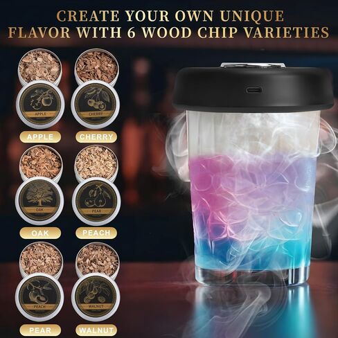 Electric Whiskey Smoker Kit with 7-Color Lights, 6 Flavors Wood Chips Cocktail Shaker with Sphere Ice Mold & Stainless Steel Ice Cubes, Old Fashioned Smoker for Father's Day, Gifts for Him in Kuwait