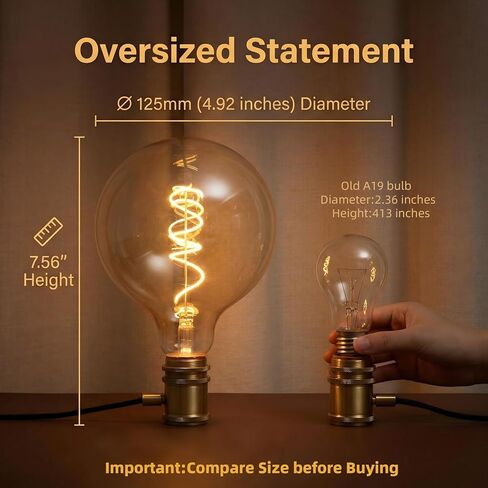 لمبة إديسون LED عتيقة كبيرة G125/G40، 6 وات 2200 كلفن كهرماني قابلة للتعتيم، E26 1PK | لمبة توهج كهرمان LED كبيرة الحجم من Brighfivey، 6 وات تعادل 60 وات، إضاءة عتيقة مثالية للأضواء المعلقة ومصابيح الأرضية، عبوة واحدة in Kuwait