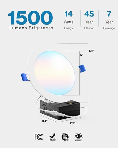Sunco 12 حزمة 5CCT 6 بوصة مصابيح سقف LED رفيعة للغاية نحيفة 1500LM عالية السطوع، 2700K/3000K/3500K/4000K/5000K قابلة للاختيار، قابلة للتعتيم، 14 وات، رقاقة بدون علبة مع صندوق توصيل in Kuwait