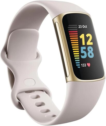 Fitbit Charge 5 Advanced Health & Fitness Tracker with Built-in GPS, Stress Management Tools, Sleep Tracking, 24/7 Heart Rate and More, Lunar White/Soft Gold, One Size (S &L Bands Included) (Renewed) in Kuwait