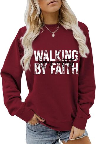 سويت شيرت Walking by Faith Tripping باستمرار، بلوفر Christian Faith، قمصان طويلة الأكمام للنساء، قمصان برقبة مستديرة in Kuwait