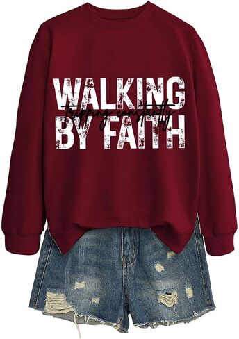 سويت شيرت Walking by Faith Tripping باستمرار، بلوفر Christian Faith، قمصان طويلة الأكمام للنساء، قمصان برقبة مستديرة in Kuwait