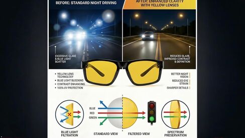 نظارات ليلية من Eyekepper للقيادة، إطار بتصميم رياضي وعدسة صفراء | للرجال والنساء، رؤية ليلية واضحة، بدون براغي معدنية، مفصلات زنبركية، مضادة للوهج/المصابيح الأمامية، نظارات شمسية ساطعة ملونة in Kuwait