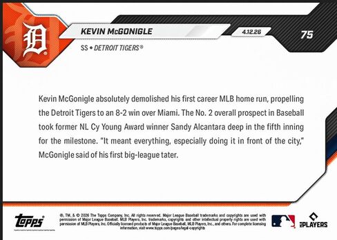 2026 Topps Now Kevin McGonigle #75 Blasts أول مهنة MLB HR في سلسلة اكتساح ديترويت تايجرز Rookie RC Baseball Card in Kuwait