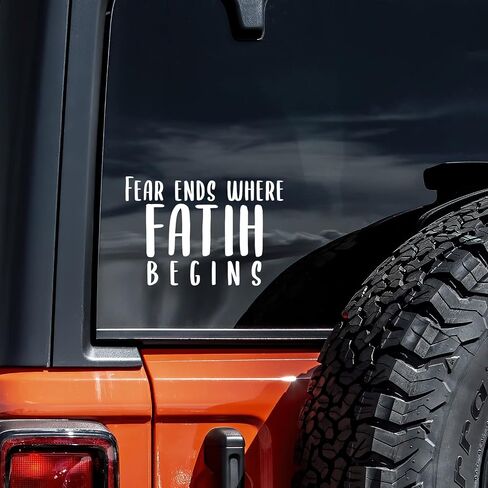 ملصق من الفينيل مطبوع عليه Fear Ends Where Faith Begins، ملصق جداري للسيارة والشاحنة والكمبيوتر المحمول | أبيض | 5.5 بوصة × 4 بوصة in Kuwait