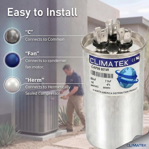 مكثف دائري ClimaTek يحل محل Bryant # HC98JA082D | 80/7.5 فائق التوهج MFD، 370/440 فولت تيار متردد، تشغيل مزدوج in Kuwait