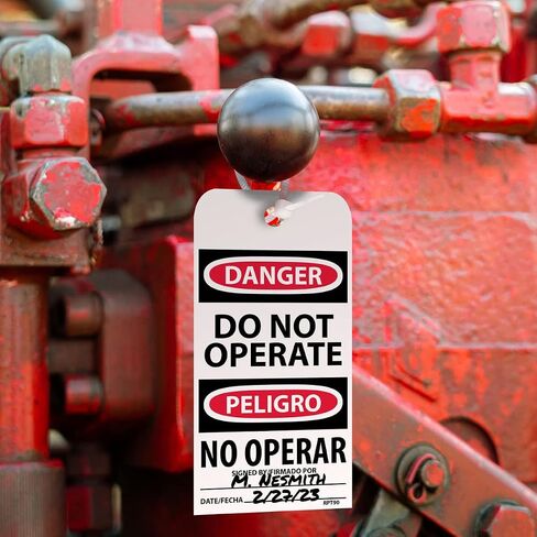 NMC RPT90 Danger - علامة عدم التشغيل - [عبوة من 25] 3 بوصة × 6 بوصة. علامة خطر ثنائية اللغة من الفينيل مع نص أبيض/أسود على قاعدة حمراء/بيضاء in Kuwait