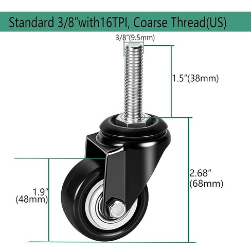 2 Inch Heavy Duty Caster Wheels Set of 4 No Brake with Threaded Stem 3/8" -16 x 1-1/2" (Diameter 3/8", Length 1.5"), 360 Degree Swivel Rubber Casters, Quiet Smooth Rolling in Kuwait