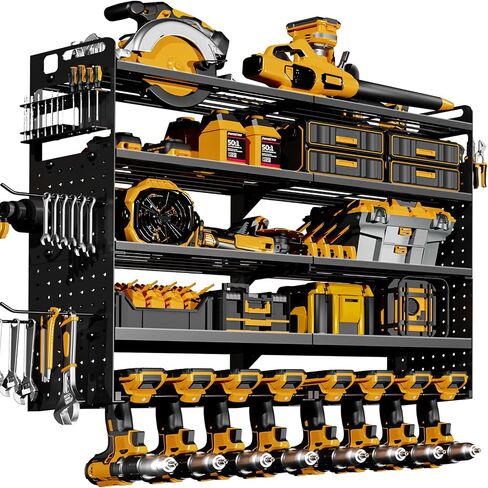 Large 5-Tier Power Tool Organizer Wall Mount, 320lbs Load Capacity Garage Storage Rack with 8 Drill Holders, 34" Heavy Duty Metal Utility Shelf, Holds Over 30 Tools for Garage Workshop in Kuwait