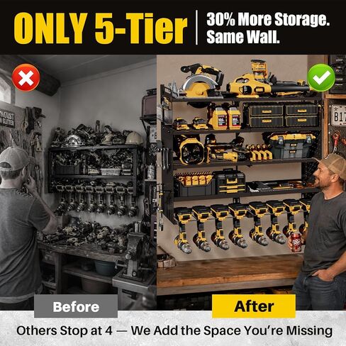 Large 5-Tier Power Tool Organizer Wall Mount, 320lbs Load Capacity Garage Storage Rack with 8 Drill Holders, 34" Heavy Duty Metal Utility Shelf, Holds Over 30 Tools for Garage Workshop in Kuwait