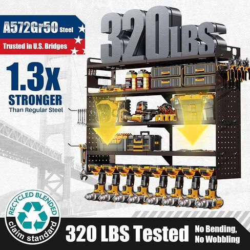 Large 5-Tier Power Tool Organizer Wall Mount, 320lbs Load Capacity Garage Storage Rack with 8 Drill Holders, 34" Heavy Duty Metal Utility Shelf, Holds Over 30 Tools for Garage Workshop in Kuwait