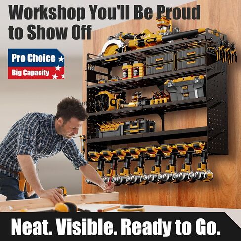 Large 5-Tier Power Tool Organizer Wall Mount, 320lbs Load Capacity Garage Storage Rack with 8 Drill Holders, 34" Heavy Duty Metal Utility Shelf, Holds Over 30 Tools for Garage Workshop in Kuwait