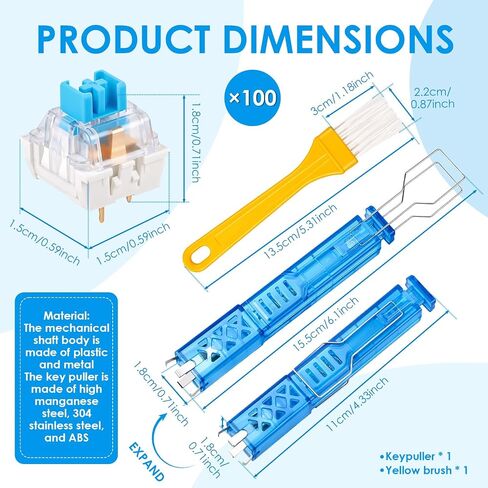 100 PCS Blue Mechanical Keyboard Switches with 4-Claw Switch Puller & Brush, Keyboard Clicker Replacement, Dustproof Clicky Tactile Switches for Gaming Keyboards, 3D Prints in Kuwait