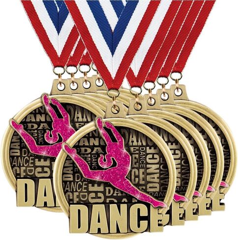 Crown Awards 10 Pack Pink Glitter Dance Medals with Red White and Blue Neck Ribbons – 2" Sparkle Gold Dance Award Medals for Kids, Teams, Ballet, Modern, and Recitals in Kuwait