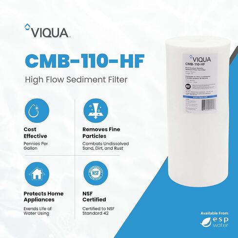 VIQUA CMB-110-HF فلتر مياه رواسب عالي التدفق 1 ميكرون 4.5 × 10 بوصة، غطاء فلتر مياه منزلي كامل 10 بوصة، يقلل من الرواسب والصدأ والأوساخ ويحمي أنظمة الأشعة فوق البنفسجية in Kuwait