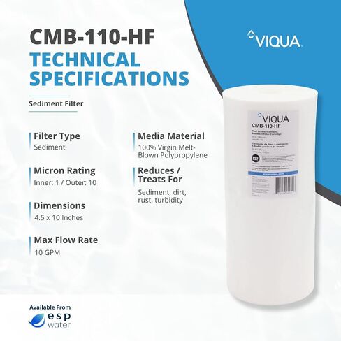 VIQUA CMB-110-HF فلتر مياه رواسب عالي التدفق 1 ميكرون 4.5 × 10 بوصة، غطاء فلتر مياه منزلي كامل 10 بوصة، يقلل من الرواسب والصدأ والأوساخ ويحمي أنظمة الأشعة فوق البنفسجية in Kuwait