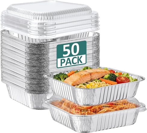 NEEBAKE 50 Pack 8x8 Aluminum Pans with Plastic Lids - Disposable Square Foil Pans, Aluminum Tin Foil Baking Pan, Food Containers for Baking, Cooking, Heating Cakes, Bread in Kuwait