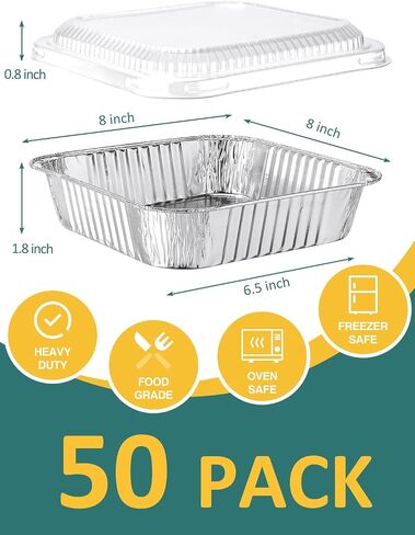 NEEBAKE 50 Pack 8x8 Aluminum Pans with Plastic Lids - Disposable Square Foil Pans, Aluminum Tin Foil Baking Pan, Food Containers for Baking, Cooking, Heating Cakes, Bread in Kuwait