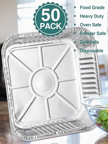 NEEBAKE 50 Pack 8x8 Aluminum Pans with Plastic Lids - Disposable Square Foil Pans, Aluminum Tin Foil Baking Pan, Food Containers for Baking, Cooking, Heating Cakes, Bread in Kuwait