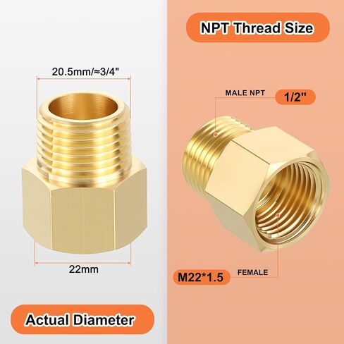 1 Pack FeMale to Male Adapters, M22-1.5 FeMale x 1/2" Male NPT Brass Nipple Pipe Extension Connectors for Industrial, Automotive, Fluid Transfer, Home Gardening, Water Treatment in Kuwait