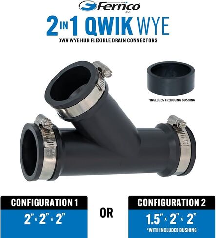 Fernco 2 بوصة. موصل تركيب الأنابيب المرن PVC Wye DWV مع جلبة مخفض اختيارية 1.5 بوصة لتوصيلات الحديد الزهر والصلب والبلاستيك in Kuwait