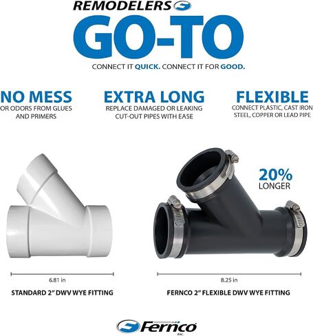 Fernco 2 بوصة. موصل تركيب الأنابيب المرن PVC Wye DWV مع جلبة مخفض اختيارية 1.5 بوصة لتوصيلات الحديد الزهر والصلب والبلاستيك in Kuwait
