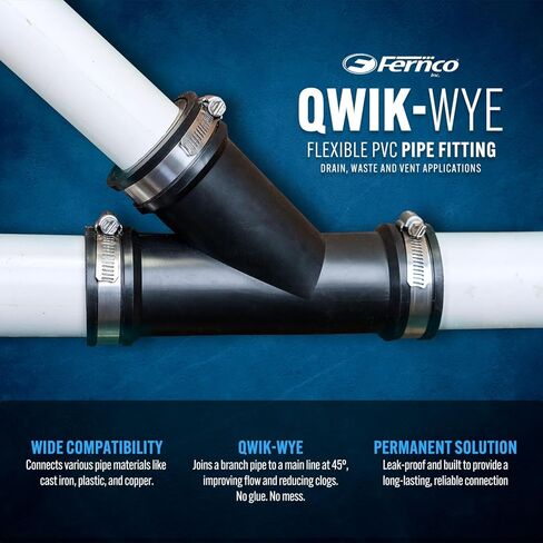 Fernco 2 بوصة. موصل تركيب الأنابيب المرن PVC Wye DWV مع جلبة مخفض اختيارية 1.5 بوصة لتوصيلات الحديد الزهر والصلب والبلاستيك in Kuwait