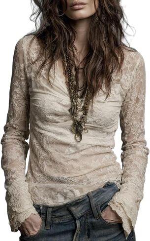Apvirdy Womens Mesh Long Sleeve V Neck Ruched Fitted Going Out Lace Tops in Kuwait