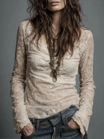 Apvirdy Womens Mesh Long Sleeve V Neck Ruched Fitted Going Out Lace Tops in Kuwait