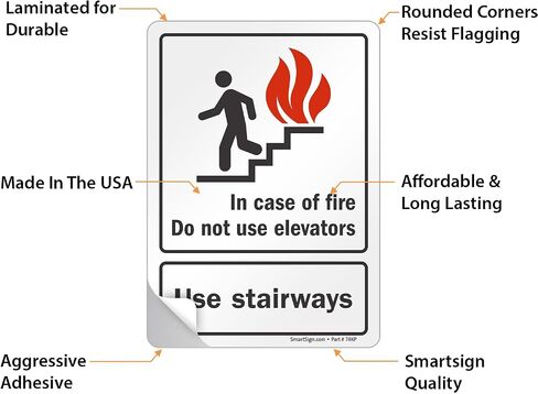 SmartSign - U1-1021-ND_5x7 في حالة نشوب حريق، لا تستخدم المصاعد، استخدم ملصق السلالم بواسطة | ملصق فينيل مصفح مقاس 5 × 7 بوصة، ملصق فينيل مقاس 5 × 7 بوصة in Kuwait