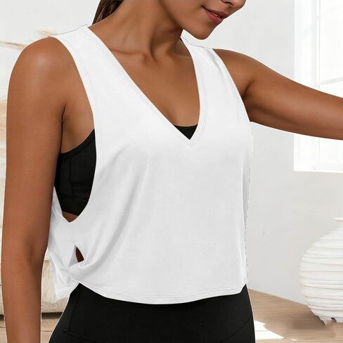 Tank Tops for Women Workout Sport Athletic Yoga Running Gym Loose Crop Sleeveless Shirts V Neck Side Knot Tees in Kuwait