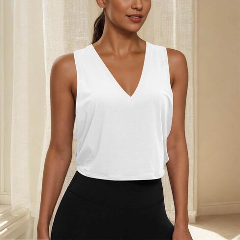 Tank Tops for Women Workout Sport Athletic Yoga Running Gym Loose Crop Sleeveless Shirts V Neck Side Knot Tees in Kuwait