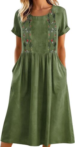Womens Cotton Linen Dress Casual Floral Embroidery Dress Front Pleated Short Sleeve Maxi Dresses with Pockets in Kuwait