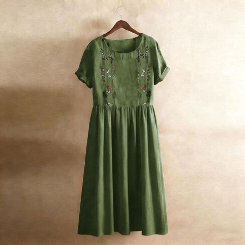 Womens Cotton Linen Dress Casual Floral Embroidery Dress Front Pleated Short Sleeve Maxi Dresses with Pockets in Kuwait