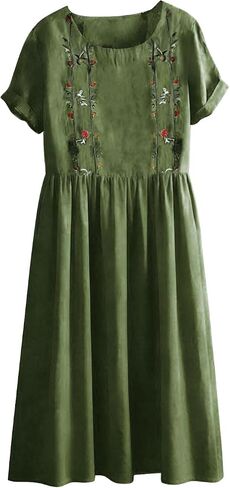 Womens Cotton Linen Dress Casual Floral Embroidery Dress Front Pleated Short Sleeve Maxi Dresses with Pockets in Kuwait