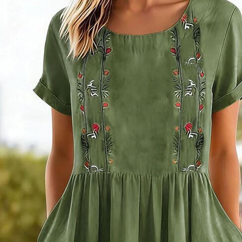 Womens Cotton Linen Dress Casual Floral Embroidery Dress Front Pleated Short Sleeve Maxi Dresses with Pockets in Kuwait