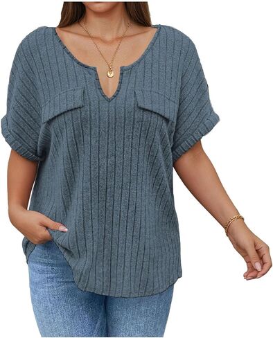 Plus Size Tops for Women Summer Casual Notch V Neck Short Sleeve Ribbed Knit T-Shirts Blouses Trendy Basic Tees in Kuwait