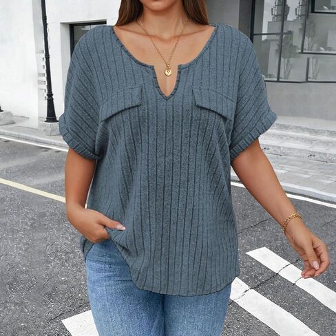 Plus Size Tops for Women Summer Casual Notch V Neck Short Sleeve Ribbed Knit T-Shirts Blouses Trendy Basic Tees in Kuwait