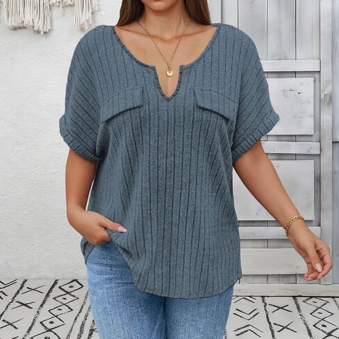 Plus Size Tops for Women Summer Casual Notch V Neck Short Sleeve Ribbed Knit T-Shirts Blouses Trendy Basic Tees in Kuwait