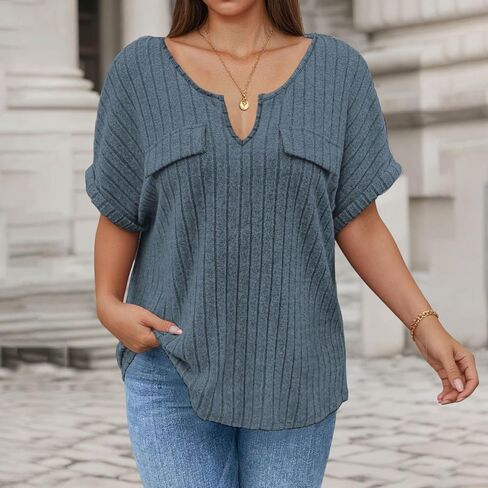 Plus Size Tops for Women Summer Casual Notch V Neck Short Sleeve Ribbed Knit T-Shirts Blouses Trendy Basic Tees in Kuwait