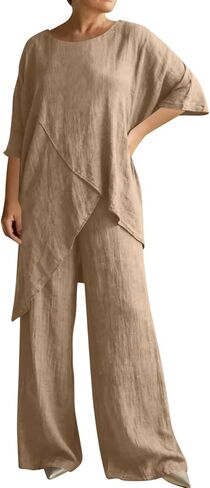 Womens 2 Piece Outfits Summer Cotton Linen Casual Matching Sets Lounge 3/4 Sleeve Asymmetrical Top and Wide Leg Pants in Kuwait