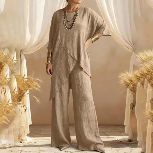 Womens 2 Piece Outfits Summer Cotton Linen Casual Matching Sets Lounge 3/4 Sleeve Asymmetrical Top and Wide Leg Pants in Kuwait