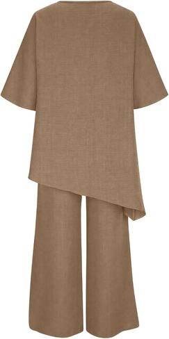 Womens 2 Piece Outfits Summer Cotton Linen Casual Matching Sets Lounge 3/4 Sleeve Asymmetrical Top and Wide Leg Pants in Kuwait